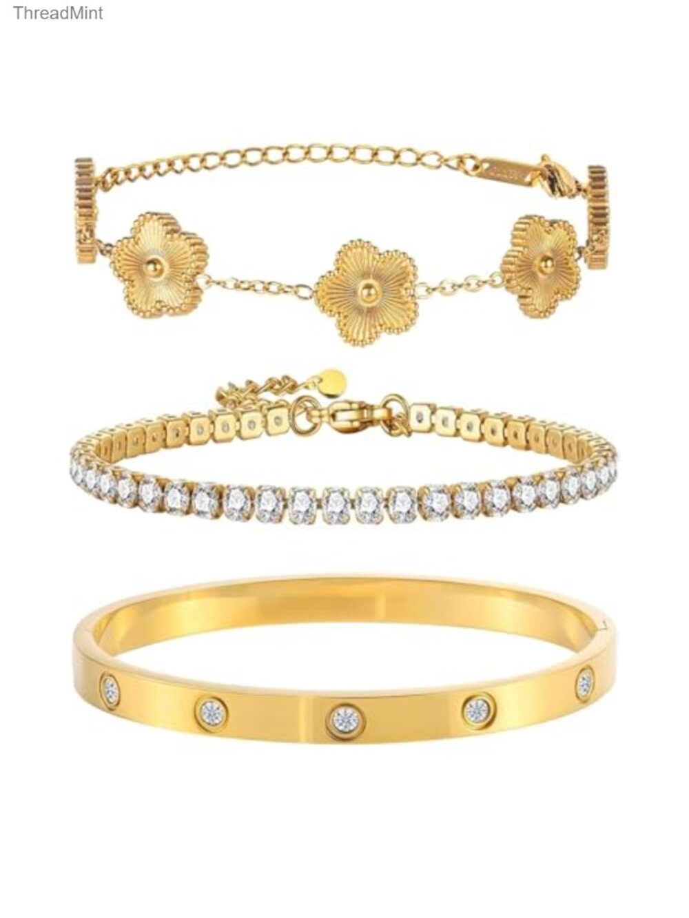 18K Gold Plated Bangle Bracelet Set Stackable Clover Tennis Bracelets